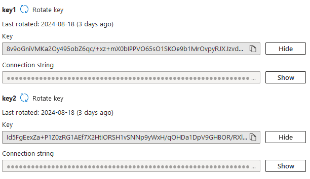 Examples of access keys and connection strings within an Azure Storage Account.